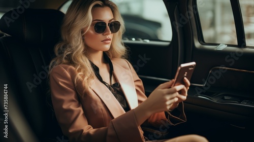 A beautiful young successful businesswoman who wears a stylish suit and sunglasses, uses a smartphone in the car during a trip, communicates with business partners.