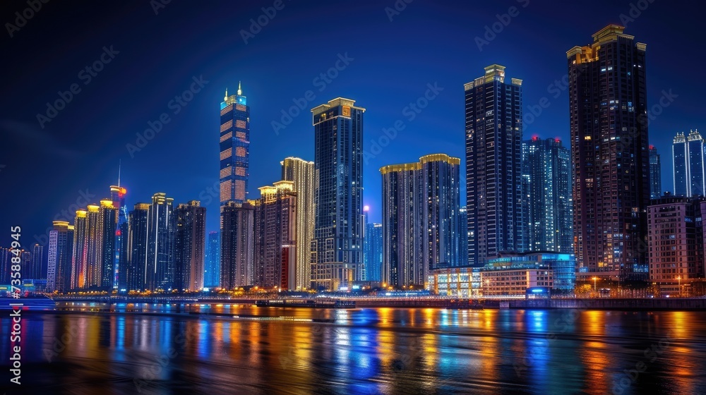 Fototapeta premium tall buildings in the night city against a dark background, focusing on realism and high detail to convey the urban atmosphere.