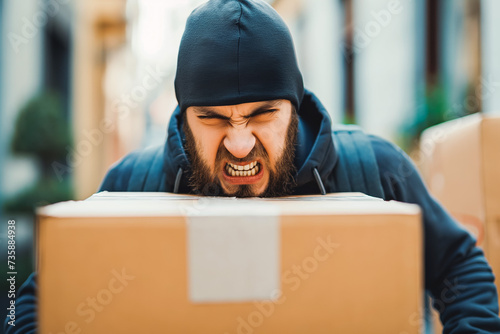 Man angry with his package delivery. He is angry because his contribution package is damaged.