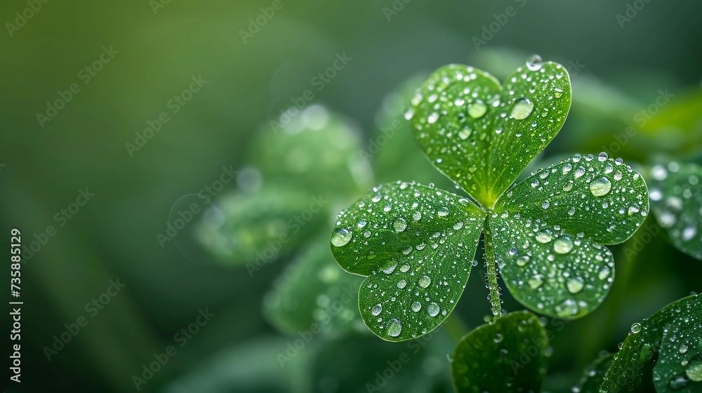 Close-up image of Irish Shamrock with drops of dew on its leaves. Wide-format St. Patrick's Day banner with copy space. AI Generated Close-up image of Irish Shamrock with drops of dew on its leaves. Wide-format St. Patrick's Day banner with copy space. AI Generated