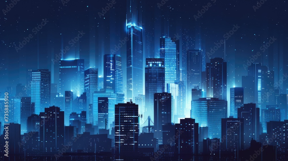 tall buildings in the night city against a dark background, focusing on realism and high detail to convey the urban atmosphere.