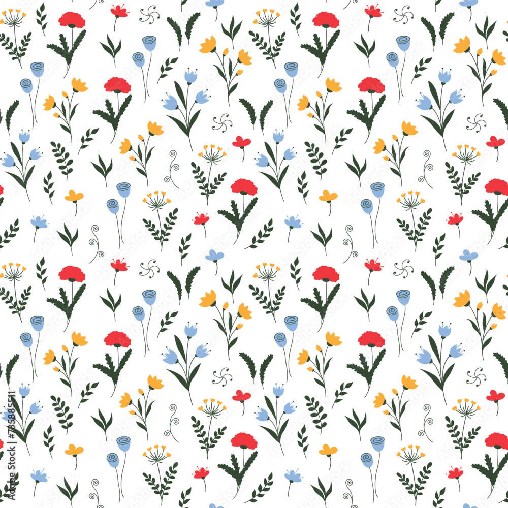 spring floral seamless pattern with flowers and leaves, art flower vector background, botanical textile design