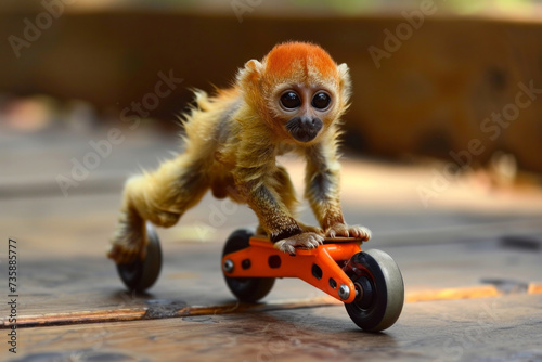 funny monkey on roller skates. a monkey rollerblades on the street. Photos of funny animals. active time. Portrait of monkey. photo
