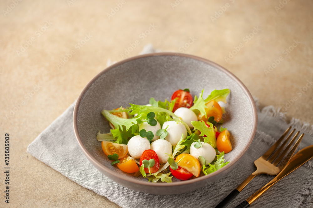 Salad with lettuce, mozzarella and tomatoes in a plate on the table. Caprese salad.