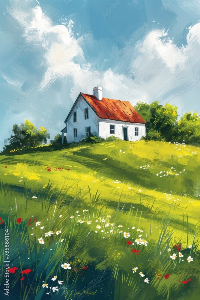 A Painting of a House on a Hill