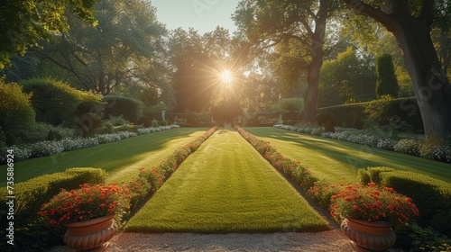 The garden is in a French style with plants trimmed up in classic forms. It is photographed with select focus and on a high quality camera.