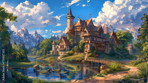 Medieval Environment Illustration. Beautiful 4K vintage town, vibrant colors. Generative AI © ArtSpree