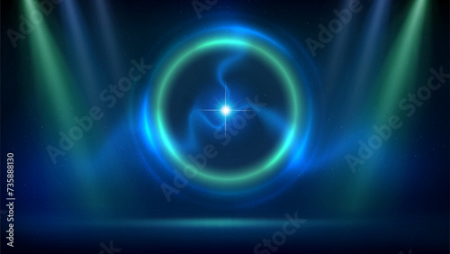 Wallpaper Mural Bblue green spotlight backdrop. Stage with green blue circular lighting background, ball lightning. Light fluorescent ring on dark backdrop. Glowing circle. Background displaying products. Vector Torontodigital.ca