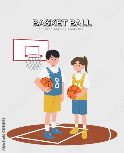 Children with basketball ball, basketball hoop, vector illustration