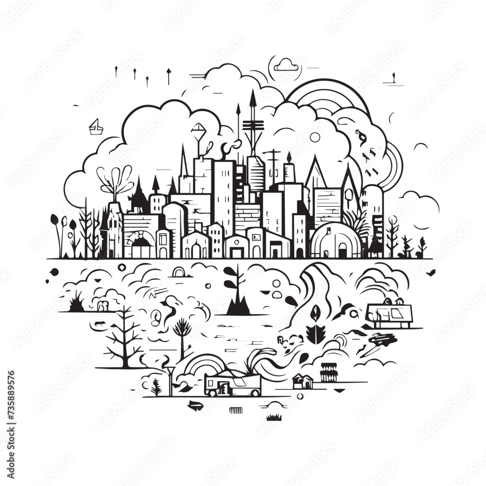 Environment in cartoon, doodle style . Image for t-shirt, web, mobile apps and ui. Isolated 2d vector illustration in logo, icon, sketch style, Eps 10, black and white. AI Generative