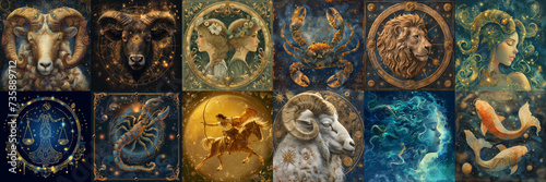 Astrological zodiac signs. Aries, taurus, leo and gemini horoscope, virgo, scorpio, libra, aquarius zodiac, sagittarius, pisces, capricorn, cancer 
