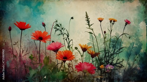 Grunge style beautiful, colorful, abstract art. Paper texture. Colorful painting. Watercolor background with flowers and plants.Ai generative