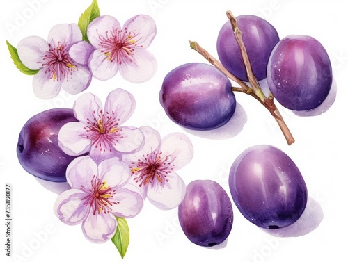 Fototapeta Naklejka Na Ścianę i Meble -  Watercolor Plums Isolated, Aquarelle Plum Fruits Cut, Creative Watercolor Blooming Plum Twig on White