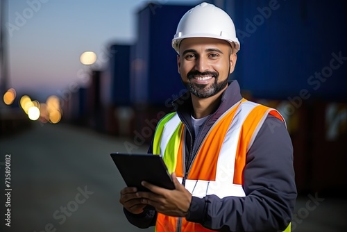 Female Industrial Engineer, Beautiful Girl in Hard Hat with Tablet Computer, Generative AI Illustration