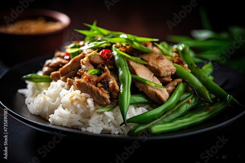 Pork Stir Fry with Green Beans, Thai Rice and Meat, Asian Lunch, Traditional Asian Fried Meat Dinner