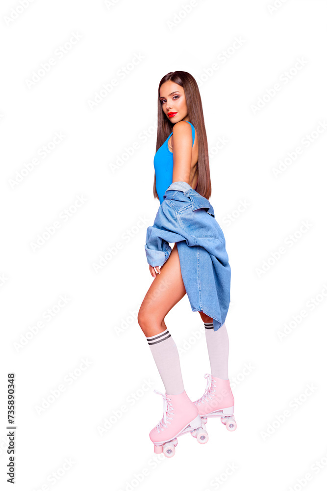 Chic diva people person concept. Full length size photo portrait of lovely cute tender gentle beautiful attractive lady posing on pastel shiny vivid background Chic diva people person concept. Full length size photo portrait of lovely cute tender gentle beautiful attractive lady posing on pastel shiny vivid background