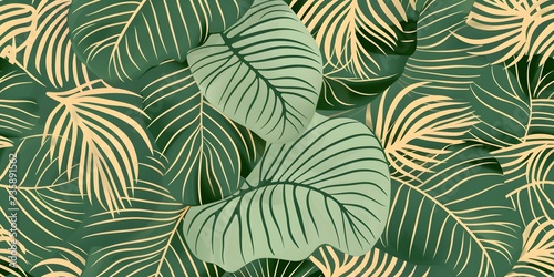 Luxury Nature green background vector. Floral pattern, Golden split-leaf Philodendron plant with monstera plant line arts 