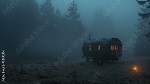 a Romani Vardo nestled in the ominous depths of the black forest on a dark and foggy night, illuminated by the flickering glow of a small campfire.