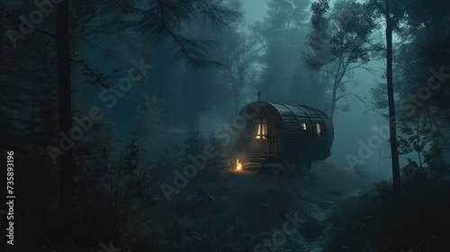 a Romani Vardo nestled in the ominous depths of the black forest on a dark and foggy night, illuminated by the flickering glow of a small campfire.