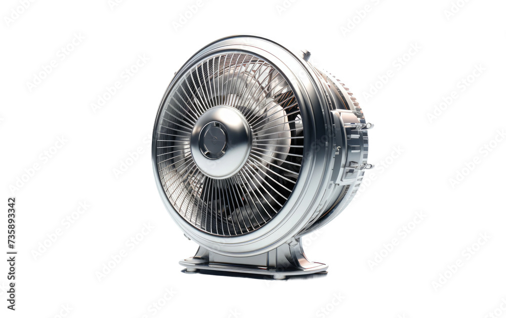 Silver Fan on Metal Stand. A silver fan is seen sitting on top of a sturdy metal stand, providing a cooling breeze. Silver Fan on Metal Stand. A silver fan is seen sitting on top of a sturdy metal stand, providing a cooling breeze.