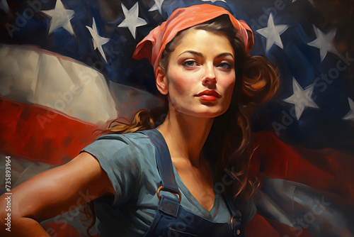 painting of betsy riveter in front of usa flag: the face of america photo