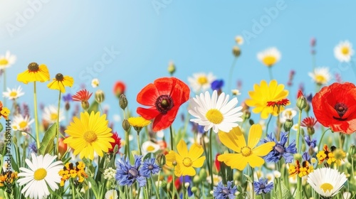 Diverse, colorful, blooming wildflowers against a blue sky background. Close-up.