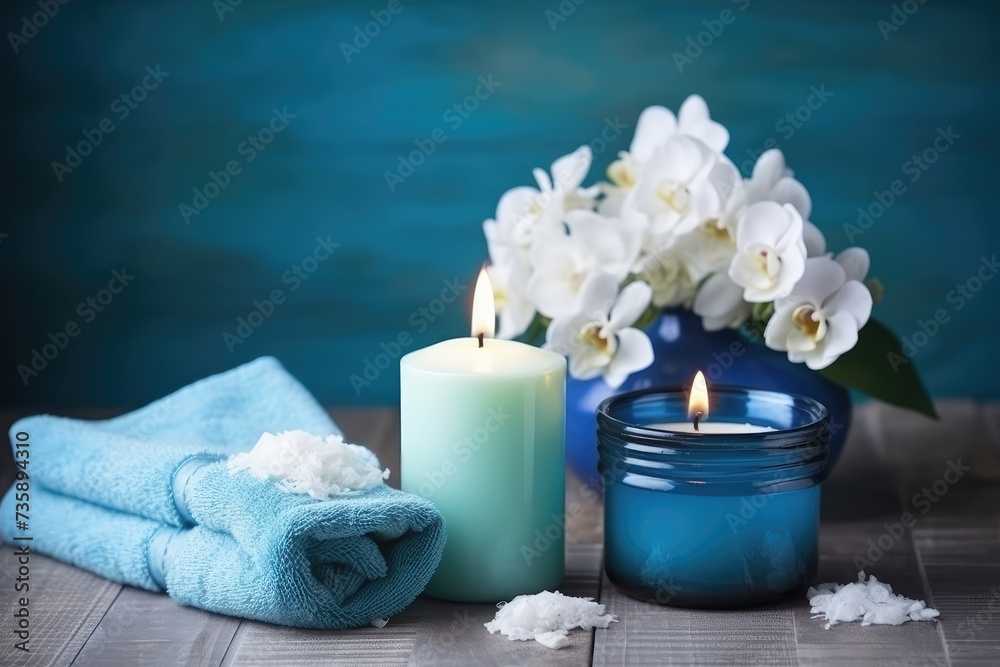 Spa Treatments on Blue Wooden Table Background, Massage Salon Mockup, Generative AI Illustration