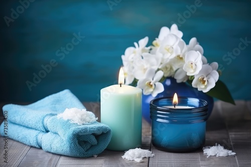 Spa Treatments on Blue Wooden Table Background, Massage Salon Mockup, Generative AI Illustration