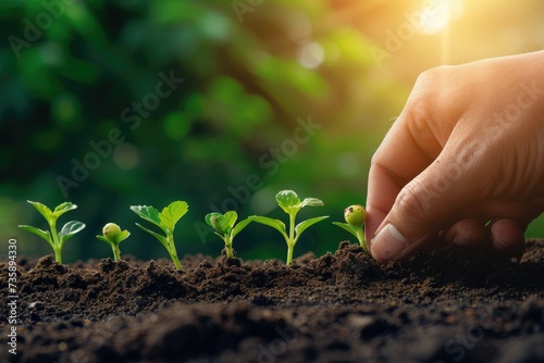 A human hand plants a green sprout against a background of planted green shoots. Close-up. person planting a plant