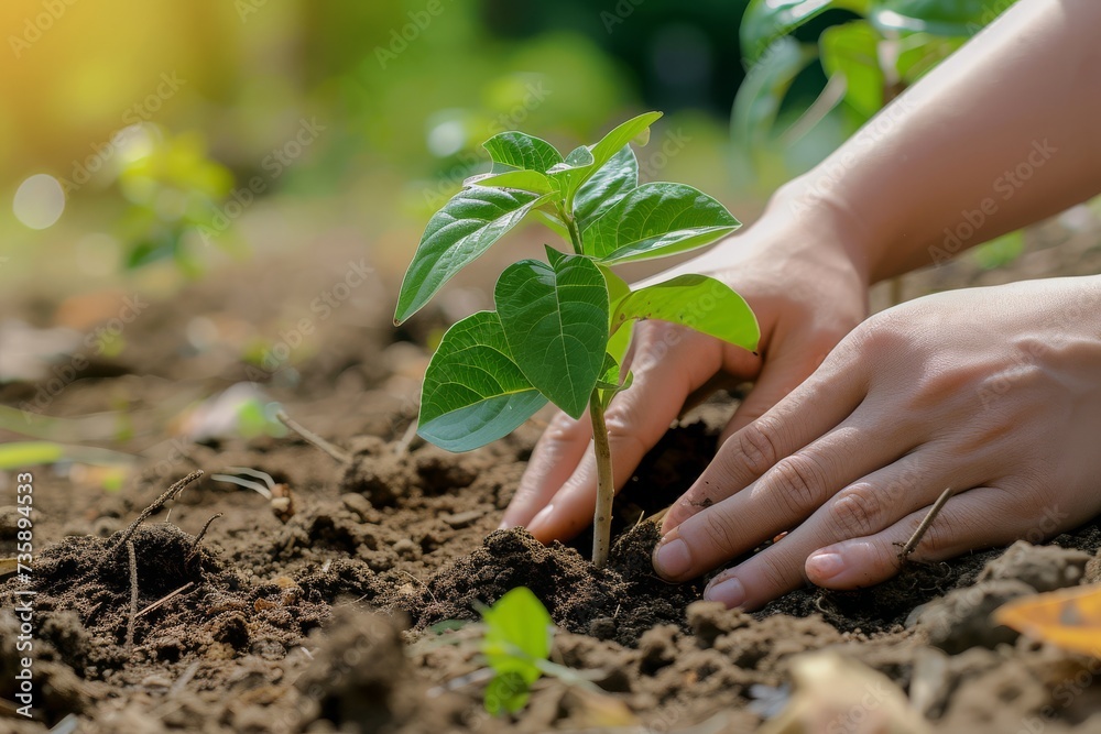 Hands nurturing and planting a young sapling in fertile soil Hands nurturing and planting a young sapling in fertile soil