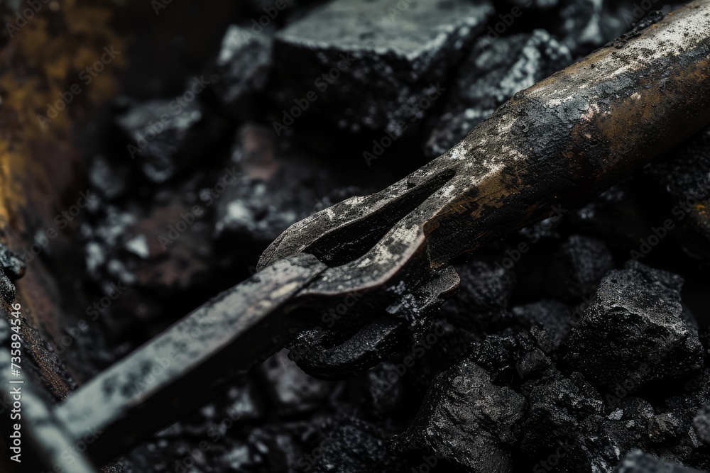 Fototapeta premium Macro shot of black coal pieces being handled with metal tongs