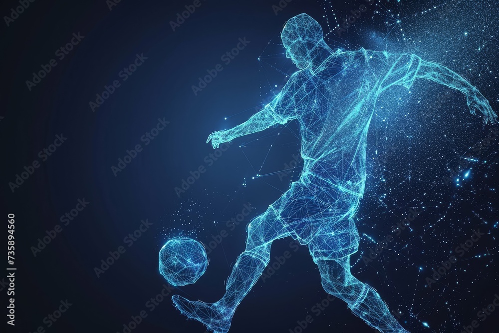 Dynamic wireframe model of a soccer player kicking a ball Dynamic wireframe model of a soccer player kicking a ball