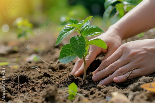 Hands nurturing and planting a young sapling in fertile soil