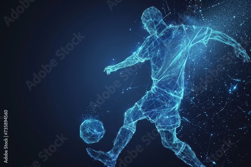 Dynamic wireframe model of a soccer player kicking a ball photo