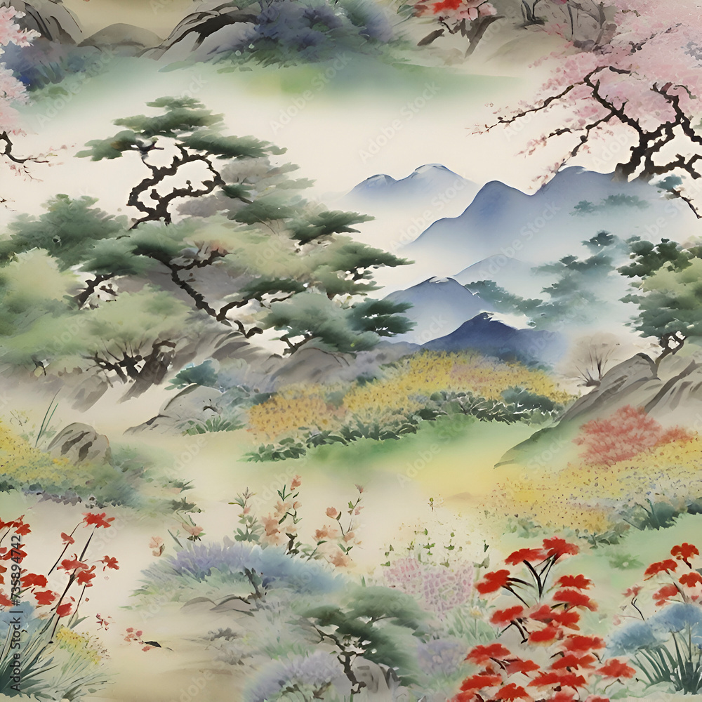 Watercolor painting of a wildflower garden in the style of traditional Japanese painting.