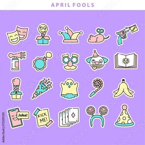 April fools sticker icon collection vector in flat design and cute style