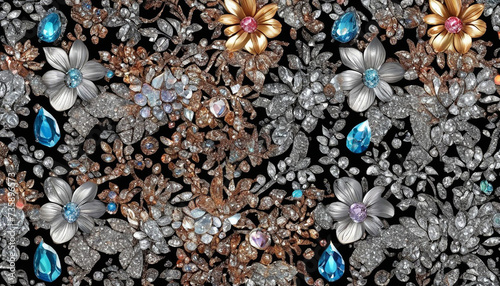 Flowers-in-the-style-of-watercolor-art-luxurious-floral elements botanical background Seamless vintage platinum silver bronze metallic floral pattern with colorful shiny brilliant jewelry. 