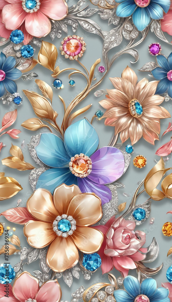 Flowers-in-the-style-of-watercolor-art-luxurious-floral elements botanical background Seamless vintage platinum silver bronze metallic floral pattern with colorful shiny brilliant jewelry. Flowers-in-the-style-of-watercolor-art-luxurious-floral elements botanical background Seamless vintage platinum silver bronze metallic floral pattern with colorful shiny brilliant jewelry.