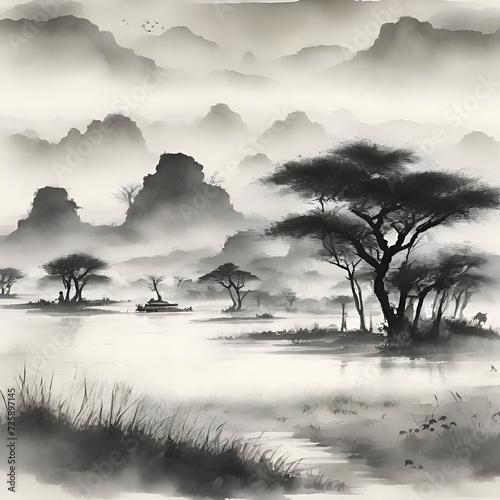 Watercolor paintings of the savanna in the style of traditional Japanese black and white paintings. photo