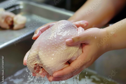 Close up of woman hand washing raw chicken at sink