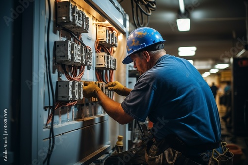 Electrician repairs electrical wiring in an electrical panel. Electrical installation