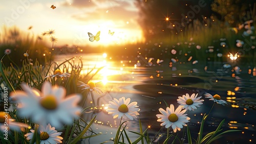blooming white daisies, their delicate petals shimmering under the golden sunlight, while vibrant yellow centers add a touch of warmth and vibrancy to the scene.
