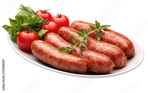 Plate of Sausages With Tomatoes and Lettuce. This photo showcases a plate of sausages served with fresh tomatoes and crisp lettuce.