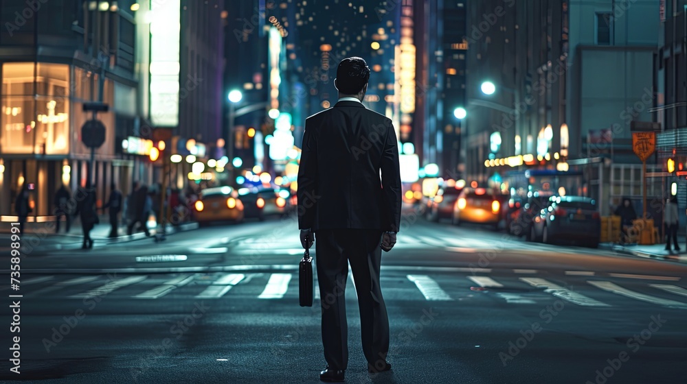 businessman stands alone at a crossroads in the middle of a bustling city wear suit and tie he makes his decision. He turns and walks down the street that leads to the startup focus and concentrate