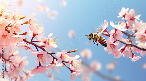 Blossom tree branch. Sweet little bees flying.