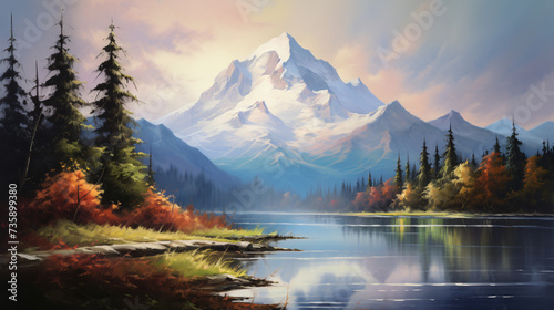 A painting of a mountain landscape