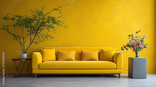 Decorating the living room by controlling the yellow tone of both the sofa and walls. Ai generate. © MOUNTAIN