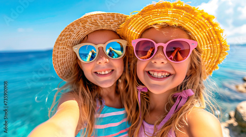 Two girls with straw hats and sunglasses taking a selfie on a summer day near the beach
