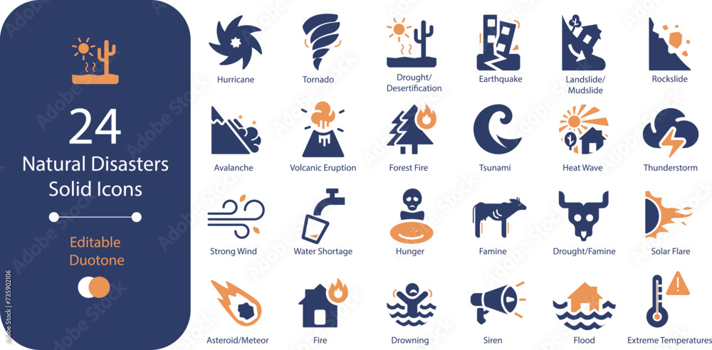 Natural disasters and weather events solid duotone flat icon pack with 24 isolated icons Natural disasters and weather events solid duotone flat icon pack with 24 isolated icons