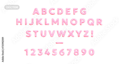 Vector realistic abc illustration of pink color glossy letter and number. 3d style design of complete alphabet on white background. Shine font collection letter and number in cartoon style